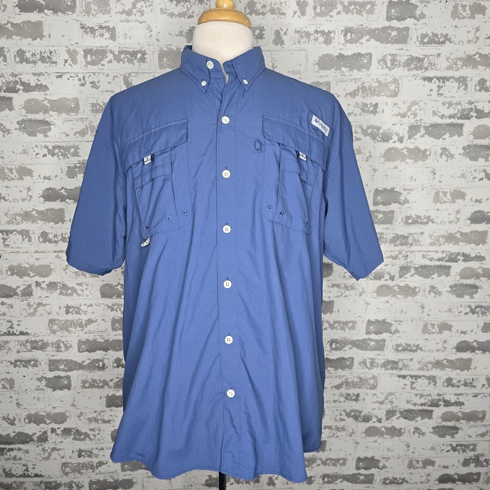 Columbia PFG Fishing Shirt Mens Large Blue Vented 100^% Nylon Omni Shade